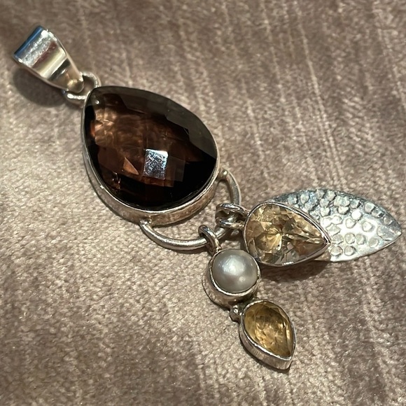 Jewelry - Smokey Quartz Pendant Citrine & Fresh Water Pearl Charms Sterling Silver 925